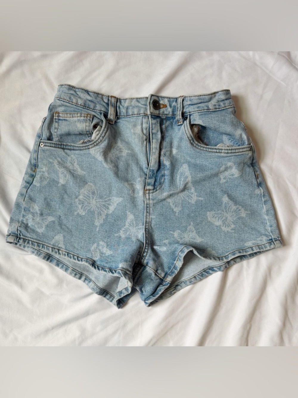 Y2K Butterfly Print Denim Shorts High Rise Light Wash Coquette Indie Size 6